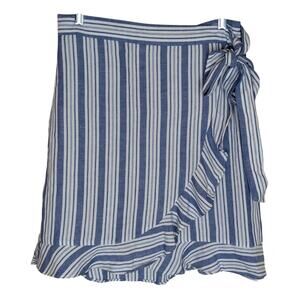 Loft Wrap Skirt White Blue Front Ruffled Linen Blend Casual Boho Womens Size 6